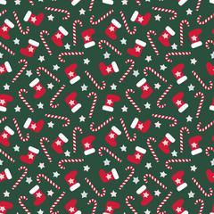 Seamless Christmas pattern with xmas stocking, stars and candy canes. Happy New Year and Merry Xmas background. Vector design for winter holidays. Winter holidays vector texture. Merry Xmas card.