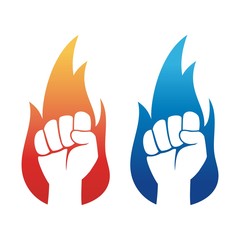 Hand Clenched Flaming Vector. fist hand Inside Distressed Flame, power of fire, revolution and energy concept - vector illustration