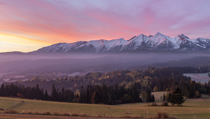 Morning panorama of Tatra Mountains in autumn, Poland