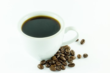 Cup of black coffee isolated on white background with coffee beans