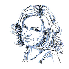 Vector drawing of smiling sincere woman with stylish haircut. Bl