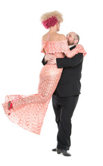 Eccentric Fat Man in a Tuxedo and Beautiful Lady in an Evening D - obrazy, fototapety, plakaty