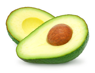 Two slices of avocado isolated on a white background. One slice with core. Design element for product label, catalog print, web use.