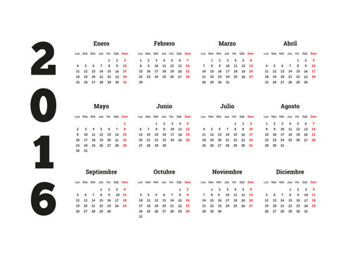 Calendar 2016 year on Spanish language, A4 sheet size