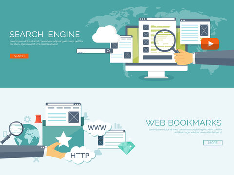 Vector illustration. Coding, programming. Web search, SEO. Development. Cloud technology. Spamming and e-mailing