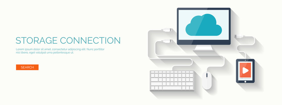 Vector illustration. Flat cloud computing background. Data storage network technology. Multimedia content and web sites hosting. Memory, information transfer