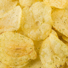 Prepared potato chips snack closeup view