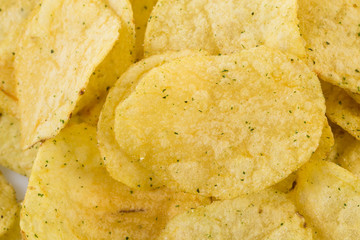 Prepared potato chips snack closeup view
