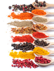 collection of spices on spoons, isolated background