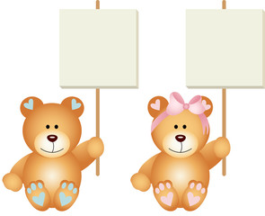 Baby teddy bears boy and girl holding a signboards