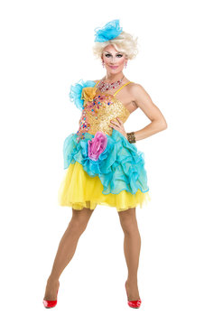 Drag Queen in Yellow-Blue Dress Performing