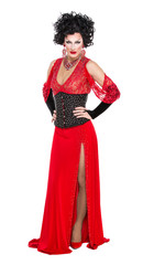 Drag Queen in Red Evening Dress Performing