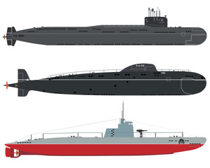 Naklejka premium Set of isolated military submarines of old and new on a white background. Vector illustration