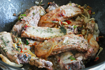 Pork ribs in pan