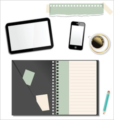 top view of working place elements on white background