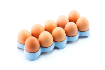 Chicken eggs in blue stand