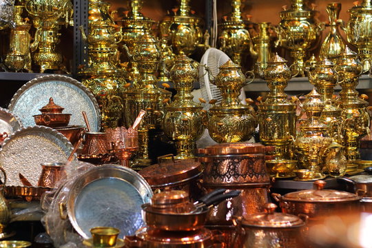 Copper handicrafts in traditional Bazaar Iran   