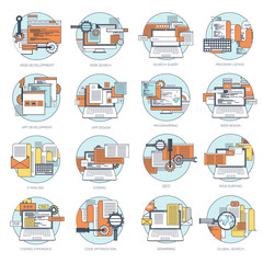 Vector illustration. Flat background. Coding, programming. SEO. Search engine optimization. App development and creation. Software, program code. Web design