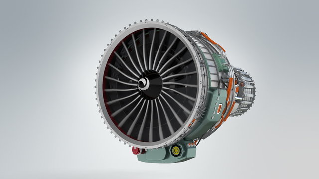 Animation of turbofan jet engine on gray background