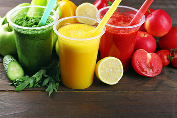Fresh juice mix fruit, healthy drinks on wooden background