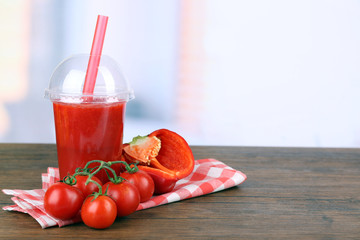 Fresh juice mix fruit and vegetables, healthy drinks on wooden table, on light background