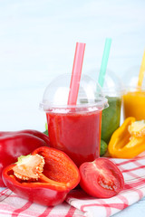 Fresh juice mix fruit, healthy drinks on color wooden background