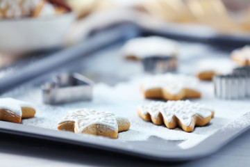 Beautiful Christmas cookies on oven-tray, close up