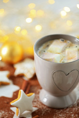Beautiful composition with cup of cocoa and Christmas cookies