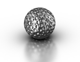 Silver golf ball on reflective white background