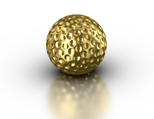 Golden golf ball on reflective white background