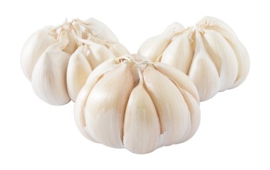 Three Garlic Bulbs and Garlic Cloves on White Background