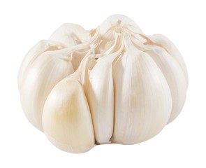 Raw Garlic Bulbs and Garlic Cloves on White
