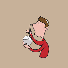 People Boy eating rice using chopsticks