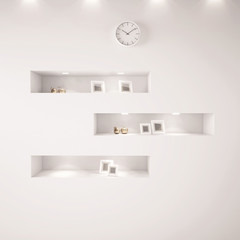 3d white shelfs with lights