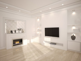 3D illustration of Modern white living room with wooden furnitur