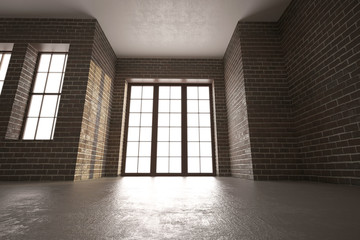 3d illustration of Brick room with large windows