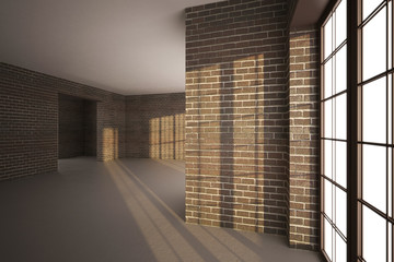 3d illustration of Brick room with large windows