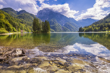 Fototapeta na wymiar panorama of mountain lake in the Alps