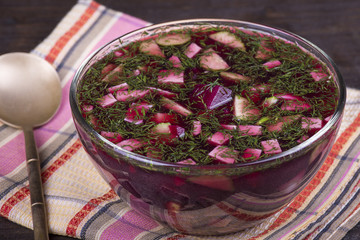 Cold beetroot soup on the table