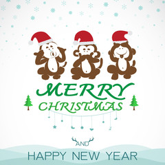 Vector image of an christmas greeting card. Monkeys and santa ha