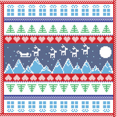 Scandinavian Nordic winter stitch, knitting  christmas pattern in  square, tile  shape including snowflakes, trees, moon, 