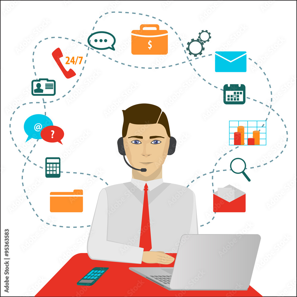 Poster time 24 customer support center operator. vector