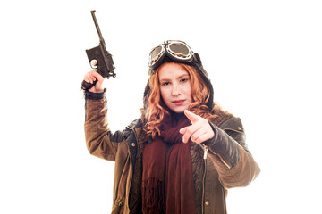 redhead girl with vintage  gun isolated on white