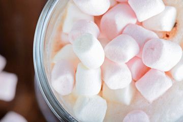 Pink and white marshmallows in hot chocolate 
