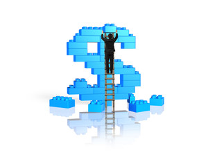 Obraz premium Businessman climbing ladder completing dollar sign shape stack b