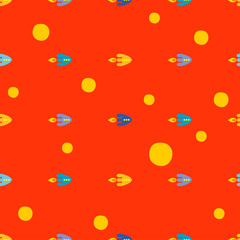 Seamless vector background with decorative space rockets and planets