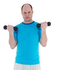 Sporty man holding weights. Fitness gym concept.