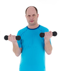 Fototapeta na wymiar Sporty man holding weights. Fitness gym concept.