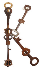 Alphabet from old keys isolated on white background. Letter K