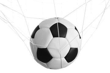 Soccer ball in the net isolated on white